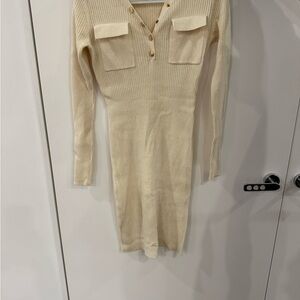 Elegant Long Sleeve Cream Knit Dress